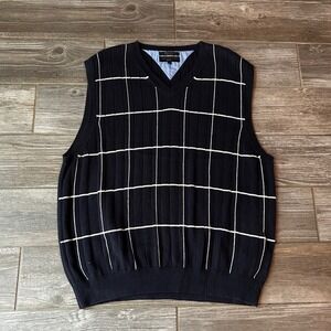 Tommy Hilfiger Black V-Neck Windowpane Knit Vest with White Grid